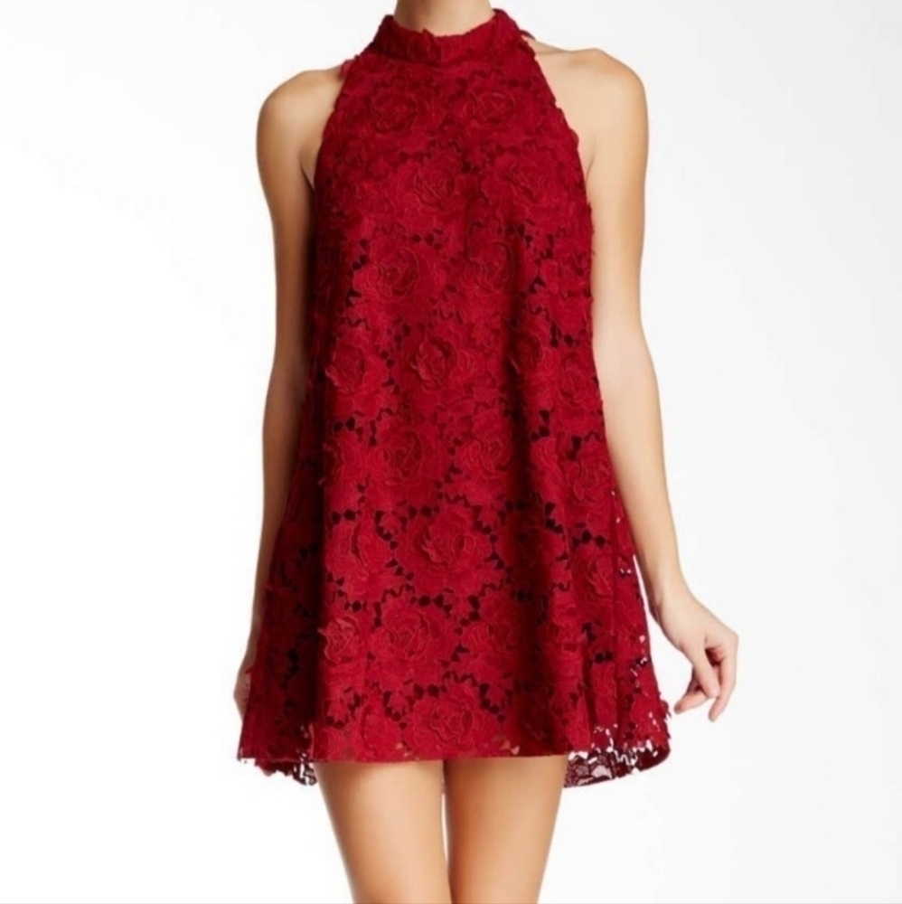 Lovers + Friends XS Lily High Neck Floral Lace Dress in Wine